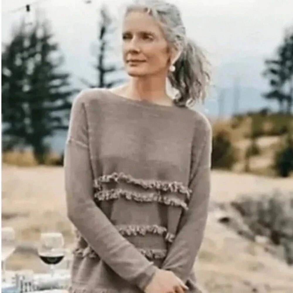 J. Jill Sweater Petite S FAYE Lightweight Thin Knit Mocha Brown Fringe Boxy